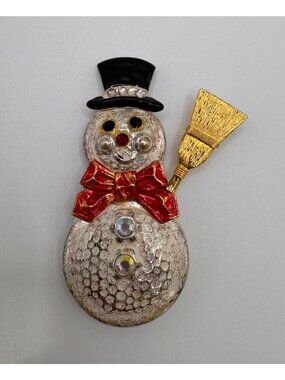 Vintage Snowman Brooch Enamel Rhinestone Gold Tone Patina Holiday Pin